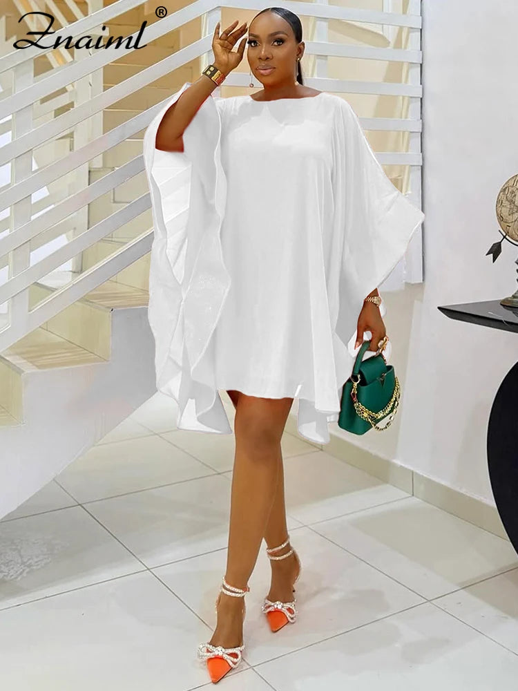 Znaiml Elegant African Party Cloak Mini Dress Women Fashion O Neck Batwing Sleeves Cape Loose Dresses Summer Birthday Clubwear