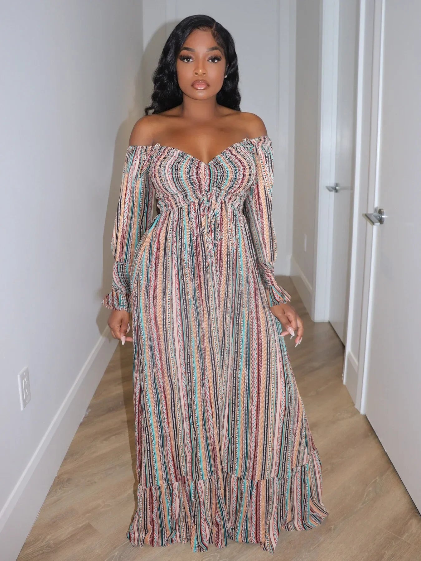 Women Striped Print Drawstring Full Sleeve Slash Neck Pleated Long Dress Fall Beach Party Prom Evening Dresses Vestidos
