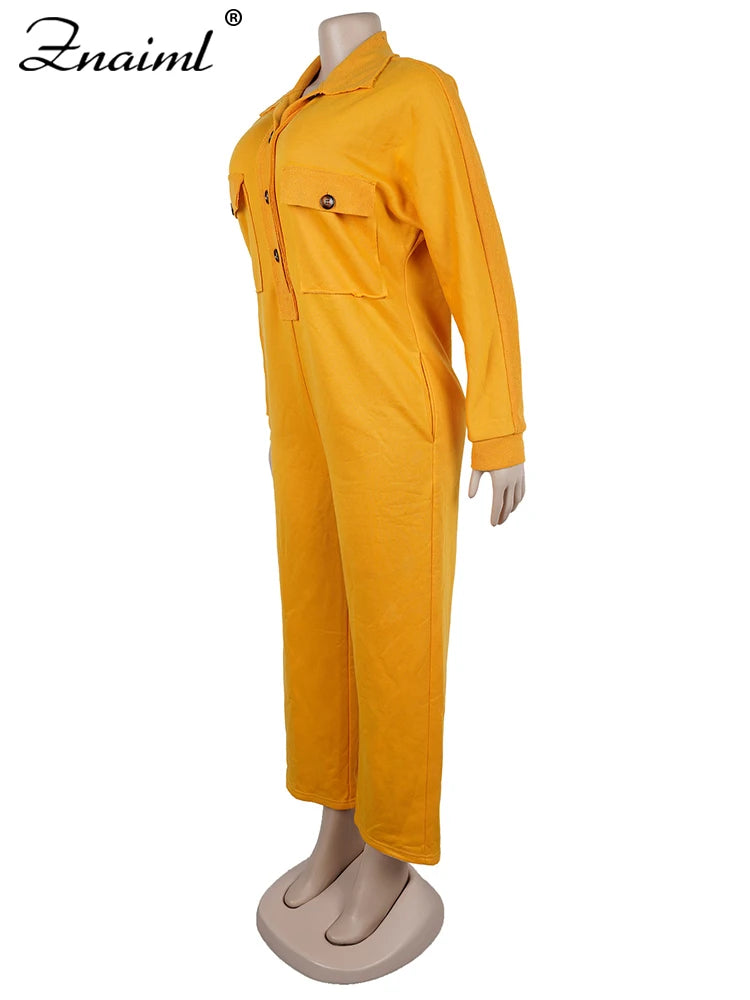 Znaiml Women's Long Sleeve Pocket Jumpsuit Casual Loose Wide Leg Pants Orange Shirt Rompers One Piece Autumn Streetwear Outfit
