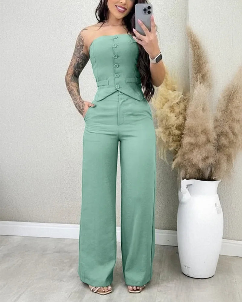 Women Fashion Sexy Summer 2 Pieces Outfit Bandeau Button Decor Vest Top & Casual Wide Leg Pants Set