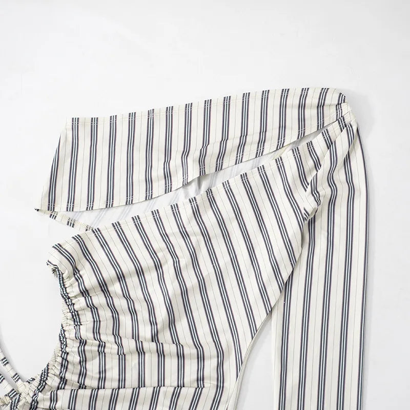 Joskaa Striped Print Cutout Jumpsuits Women Hipster Sexy Oblique Shoulder Backless Skinny One Piece Rompers Midnight Clubwear