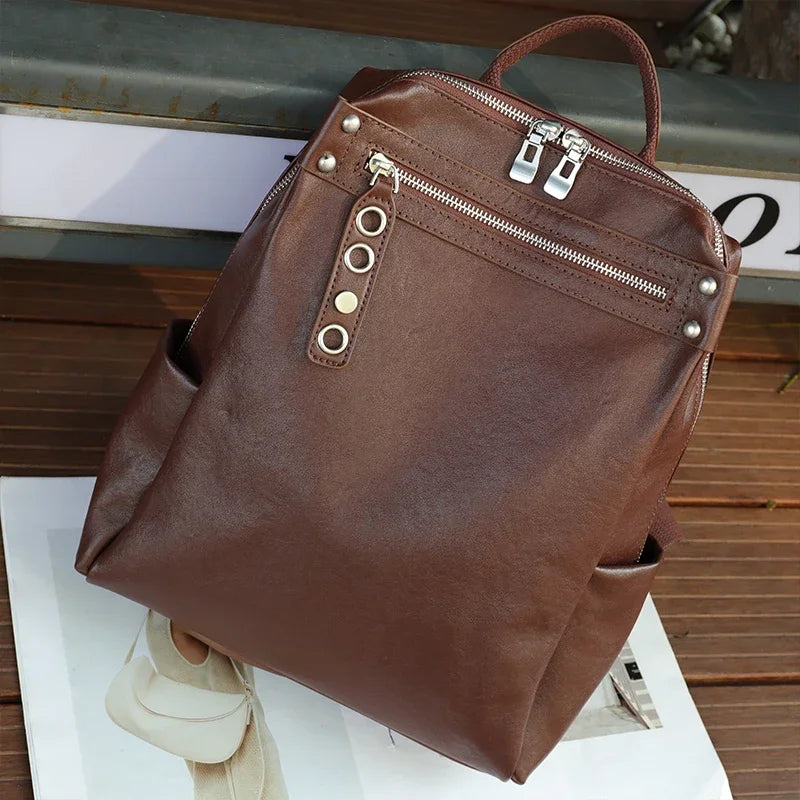 Women's Natural Cow Leather Backpacks Lady Cowhide Design Large Capacity Bags Female Retro Fashion Versatile Backpacks Ladies