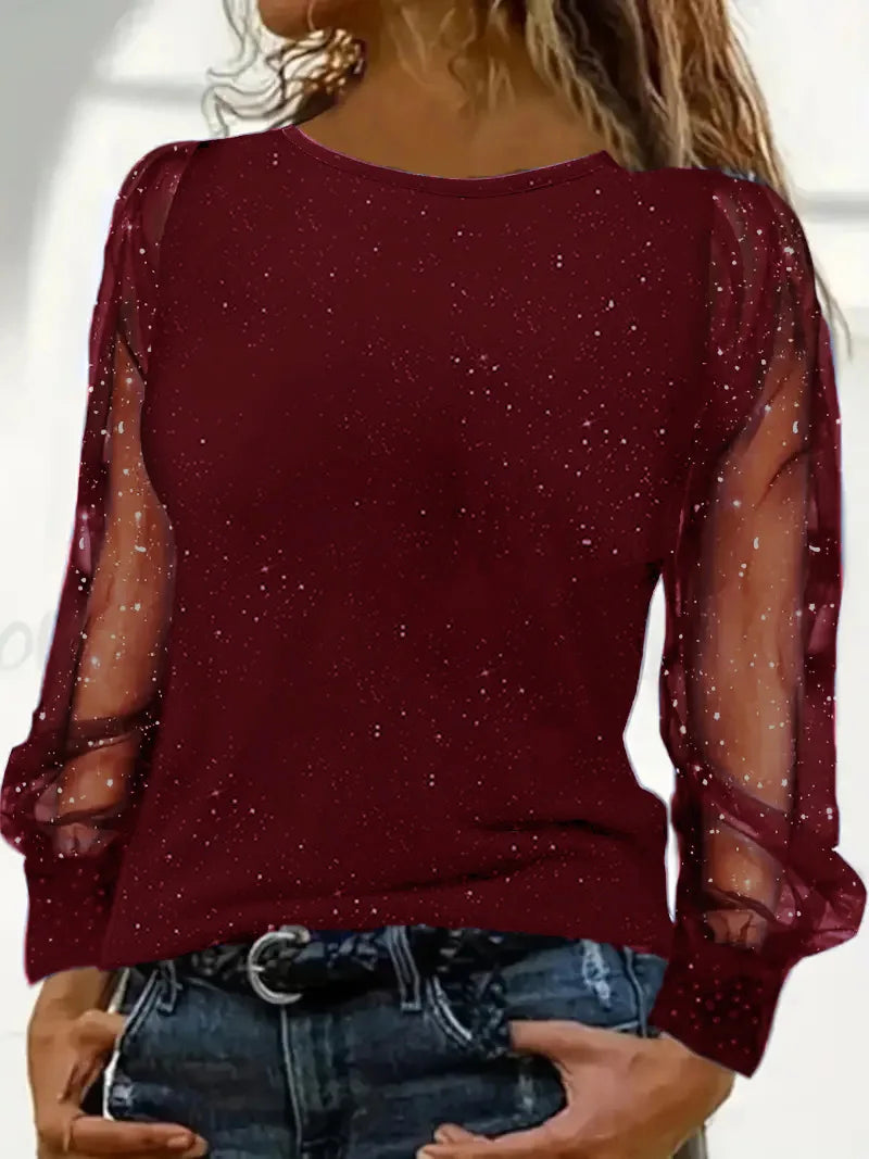 Fashion Blouse Women Glitter Puff Sleeve Sheer Mesh Print Elegant Long Sleeve Office Shirt 2025 Blouses Spring Ladies Casual Top