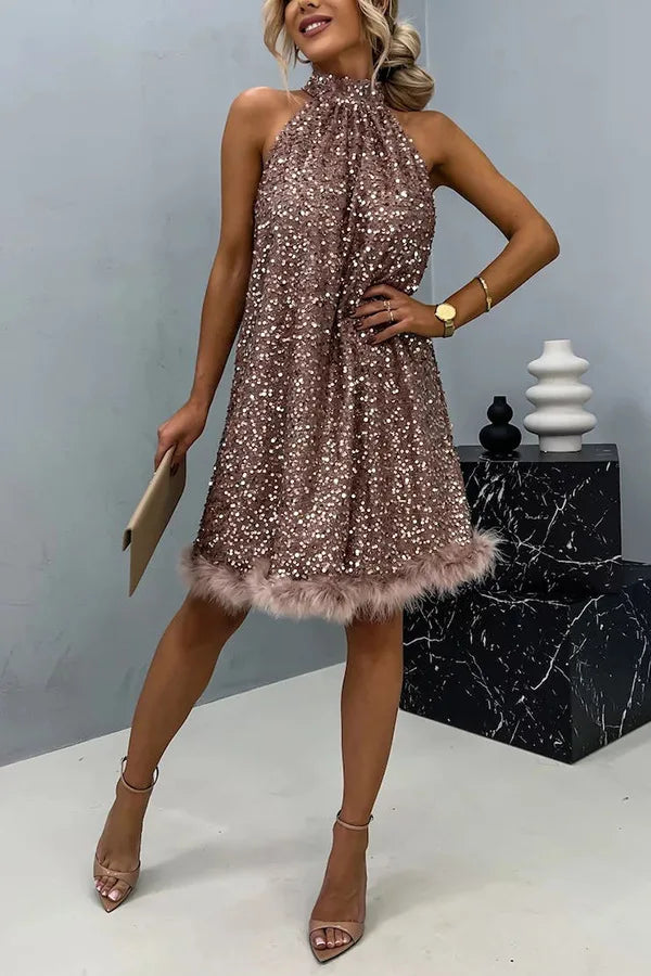 Sexy Lady Patchwork Sequins Slim Dress Women Spring Summer Sleeveless Halter Dress 2025 Casual Lacing Up Party Club Solid Dress