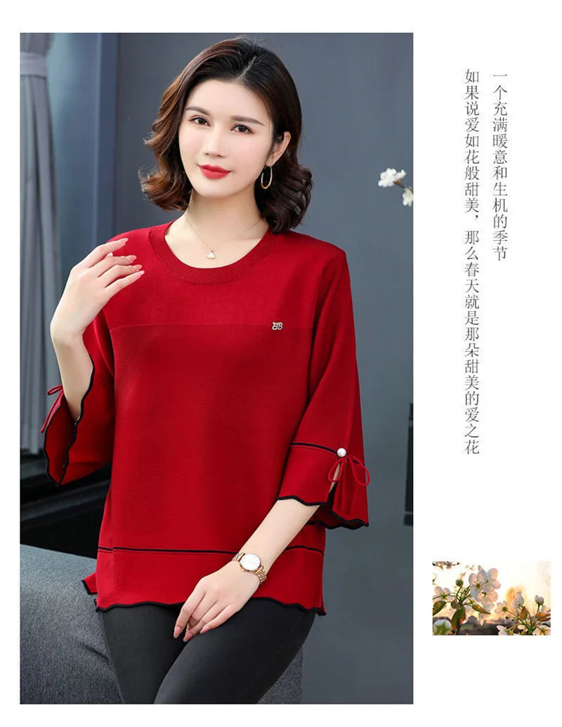 6XL Mom Large Summer New Ice Silk Shirt 3/4 Sleeves Round necked T-shirt Knit Sweater Loose Top For Wearing Outwear Top Black