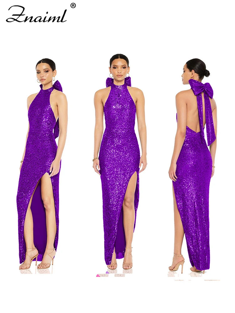 Znaiml Elegant Luxury Sequin Halter Big Bow Backless Long Dresses Women Sleeveless High Split Birthday Evening Wedding Vestidos
