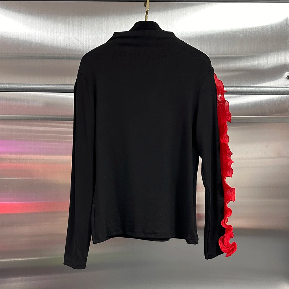 VGH Temperament Spliced Fungus Shirt For Women Turtleneck Petal Sleeve Slimming Chic Elegant Hit Color Blouse Female Spring New
