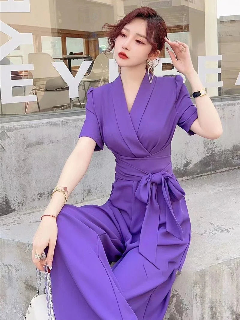 Jumpsuits Summer New High end Jumpsuit Women's Elegant Solid Color High Waist Slim Lace up Wide Leg Dropping Bodysuit Women Sets