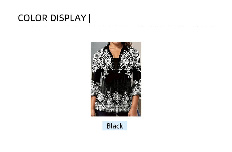 Plus Size Women's Flower Print Irregular Cuff T-Shirt Spring and Autumn Casual Quarter Sleeve Tops Women's