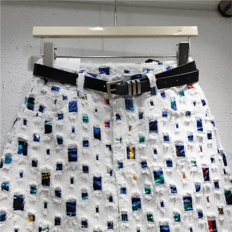 Design denim short skirt hip skirt a word 2024 new burned flower wear trend personalized niche women's clothing
