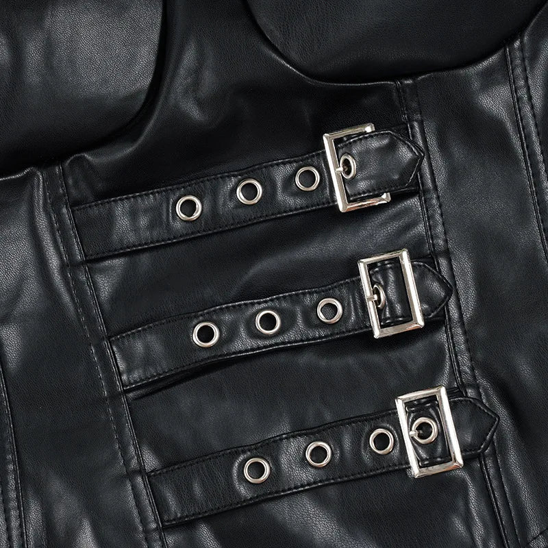 FAGADOER Punk Gothic Sexy Fur Leather Patchwork 2 Pieces Set for Woman Sleeveless Backless Tops and Bubble Puff Skirt Streetwear
