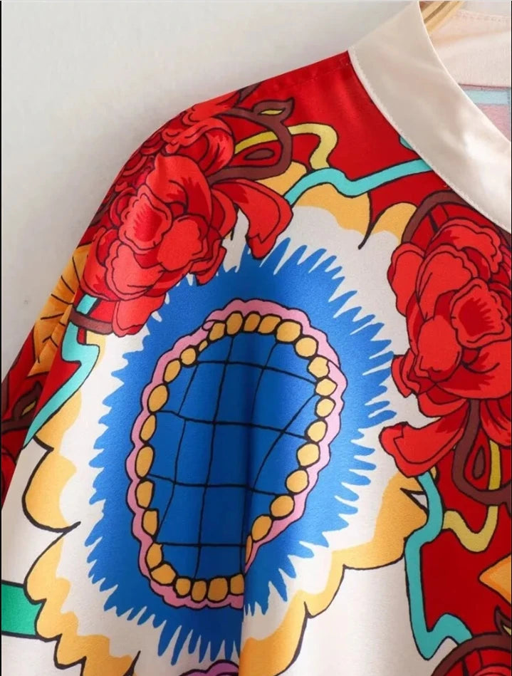 Fashion Stylish Selection Batwing Sleeves Flower Print Stand Collar Blouses Women Spring Summer High-low Buttoned Shirts Tops