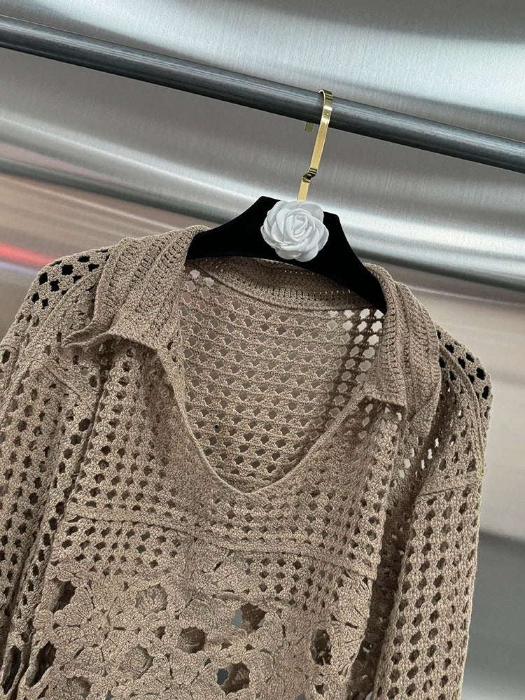 VGH Hollow Out Solid Sheer Short Shirts For Women Lapel Lantern Sleeve Minimalist Casual Loose Pullover Blouses Female Fashion