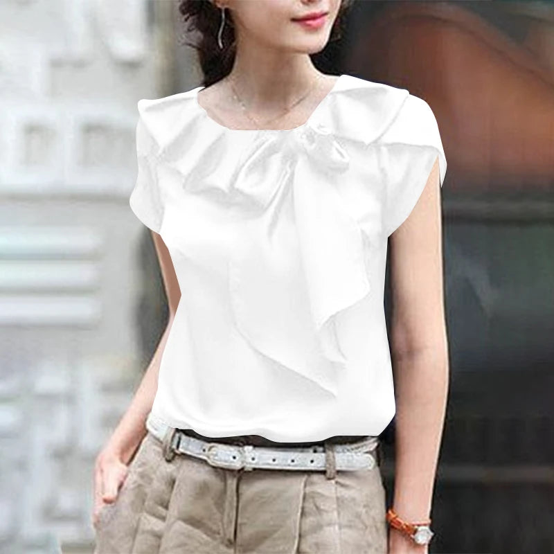 ZANZEA Women Short Sleeve Blouse Elegant Round Neck Tunics Office Lady Bowknot Stitching Shirt Casual Loose Solid Twisted Tops
