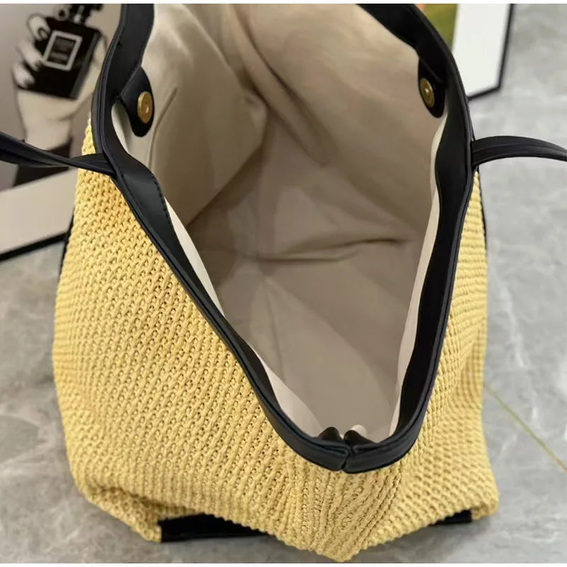 New Brand Woven Women's Tote Bag Large Capacity Splice Versatile Woven Beach Bag Fashion Single Shoulder Straw Bag Underarm Bag