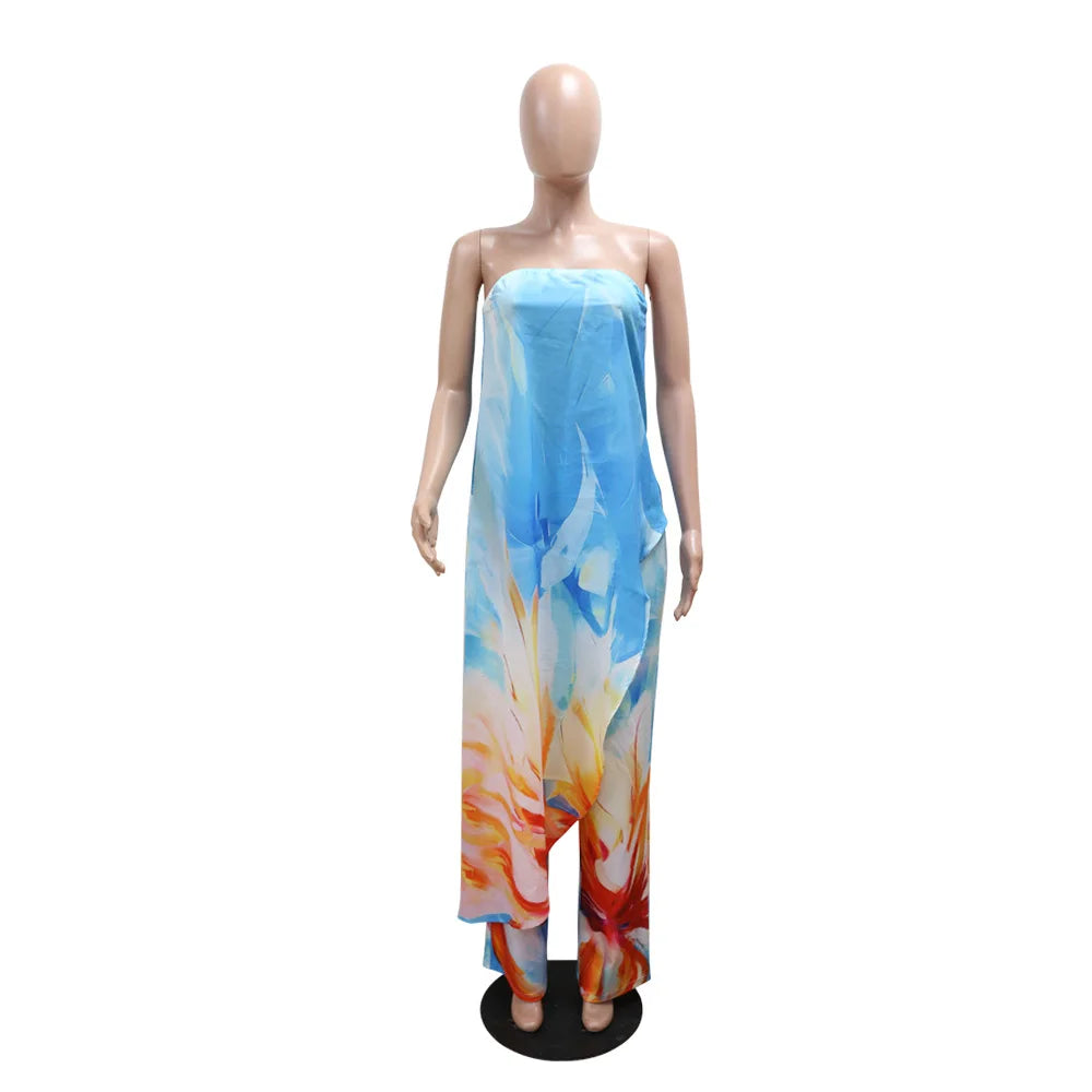 CM.YAYA Beach Holiday Print Women's Set Strapless High Low Blouse Top and Pants Suit 2025 Street Summer Two 2 Piece Sets Outfit