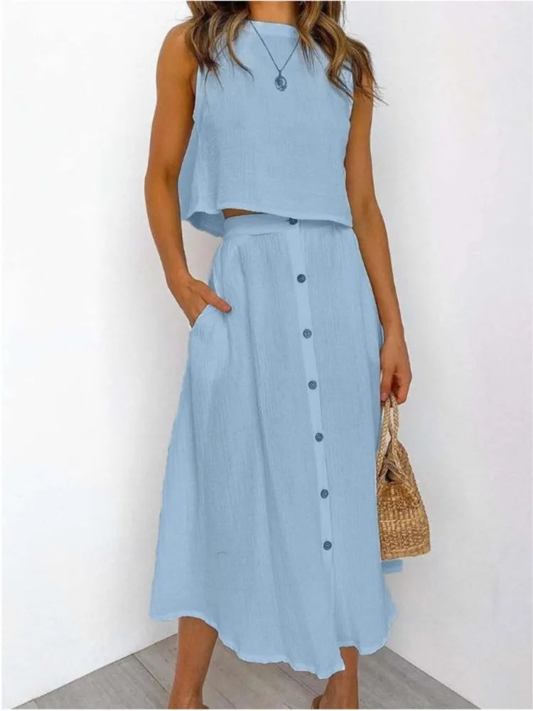 Double Layer Casual Elegant O Neck Vest And Skirt Set for Women