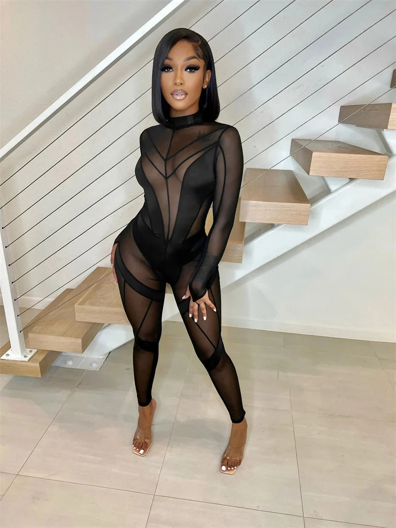 Sexy Sheer Mesh Jumpsuits Women Party Club Outfits Skinny Patchwork Long Sleeve See Through Rompers Womens Jumpsuit Midnight