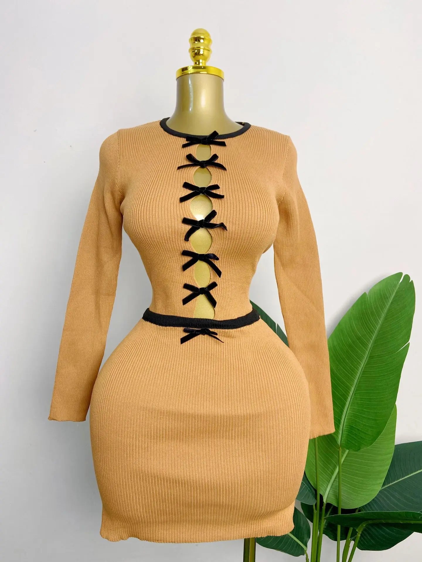 CM.YAYA Knit Ribbed Women's Set Long Sleeve Bowknot Tops and Mini Skirts 2025 Street Party Two 2 Piece Sets Outfits Tracksuits