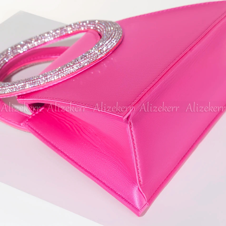 Bling Rhinestone Satin Handbags Women 2023 Elegant Boutique Round Crystal Handle Trapezoid Evening Clutch Purses Wedding Party