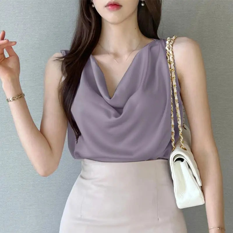 ZANZEA Women Satin Tank Tops Elegant Cowl Neck Sleeveless Blouse Korean Fashion Silk Solid Color Tanks Office Lady Sexy Camisole