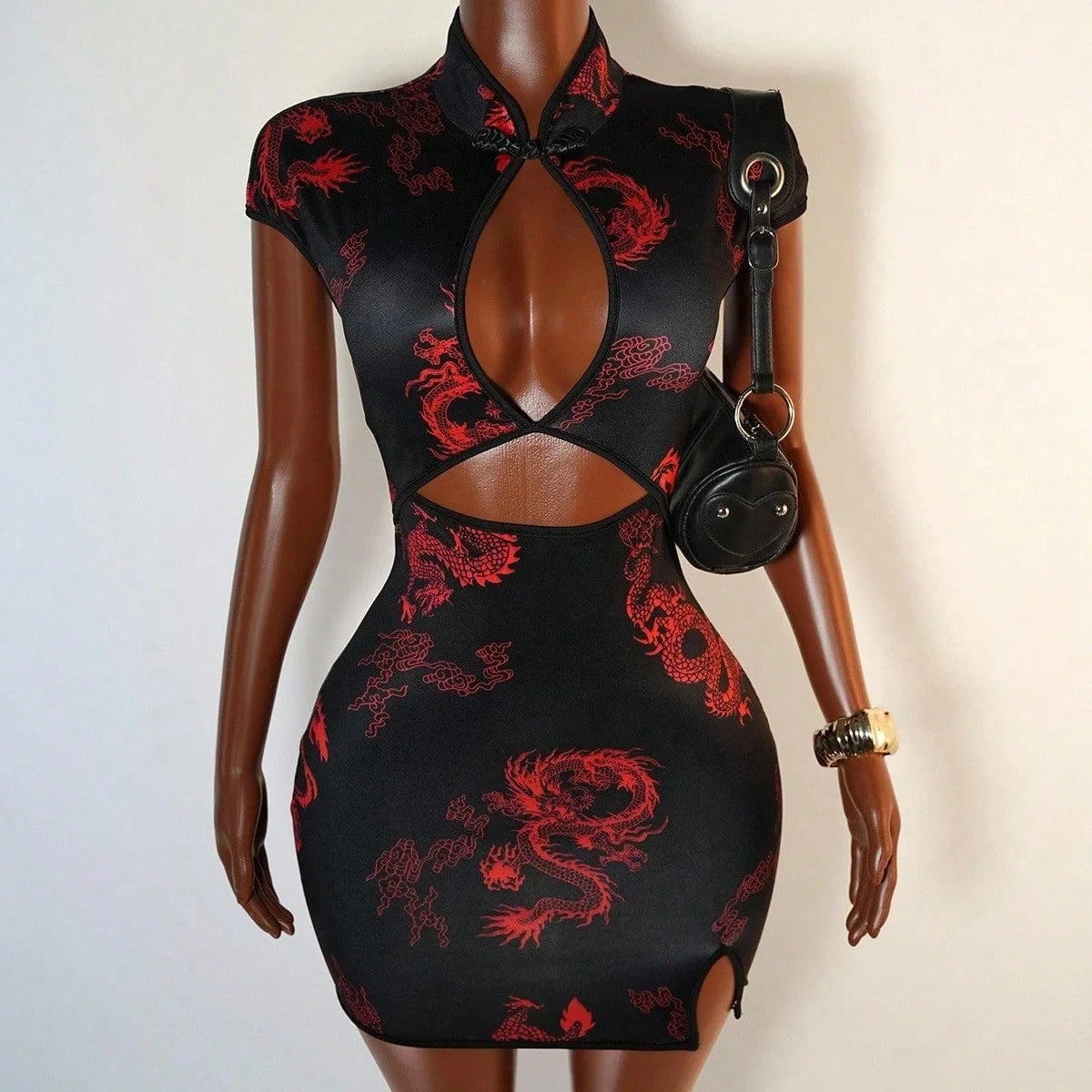 Cheongsam Style Dragon Print Cutout Dress for Women