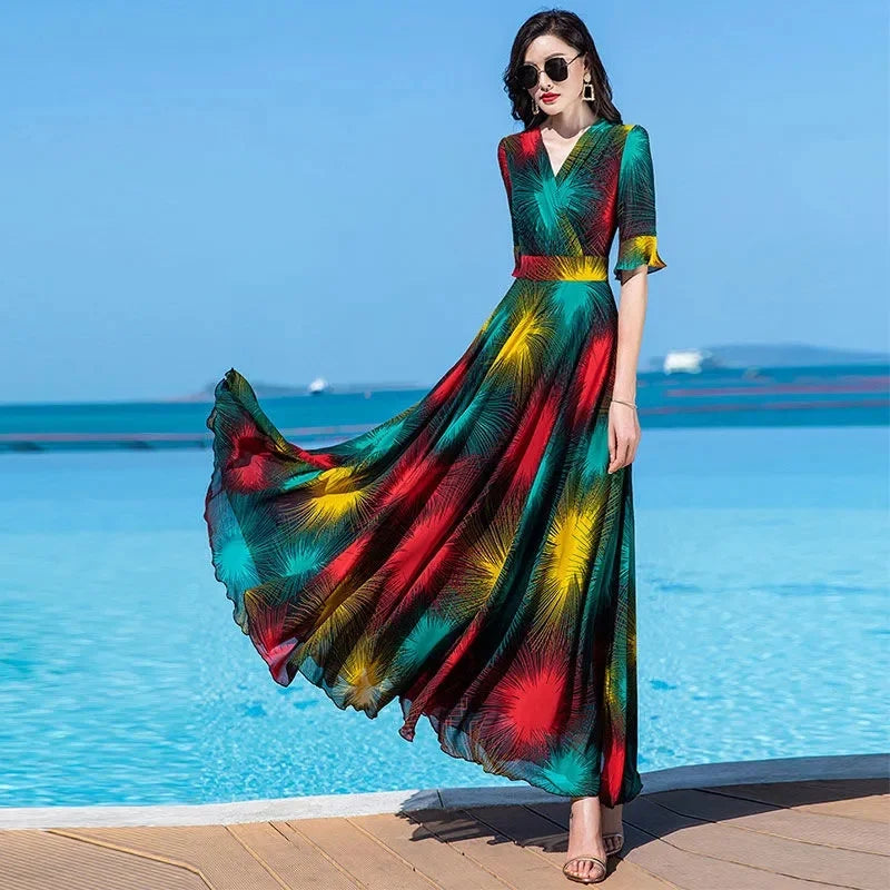 Floral Dress 4XL Women's 2025 Summer Chiffon V-Neck Dress High end Style Celebrity Splice A-line Skirt for Women Elegant Mujer