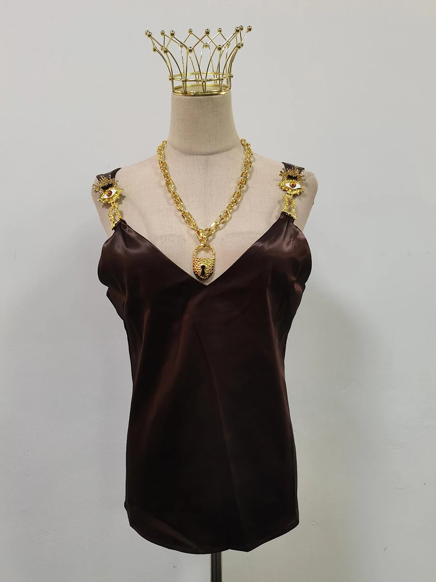 VGH Solid Color Spliced Metal Chain Basics Vest for Women V Neck Sleeveless American Streerwear Tank Tops Female Fashion Style