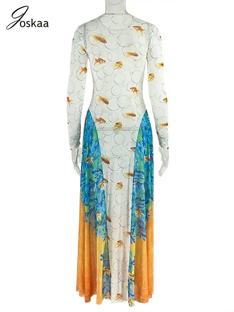 Joskaa 2025 Women's Print Patchwork A-Line Dress Sexy Sheer Mesh O-Neck Long Sleeve Belted Waist Skinny Vestidos Y2K Streetwear