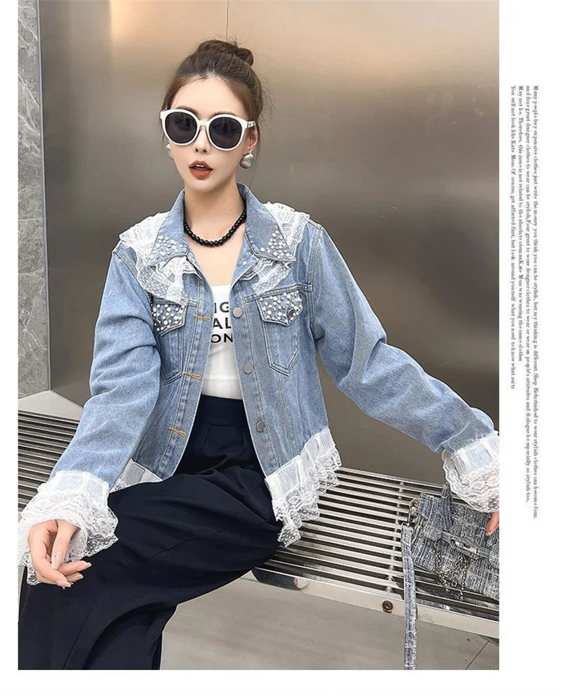 2025 Spring Autumn Women's Nail Bead Short Denim Jacket Female New Korean Version Design Sense Fashionable Lace Edge Jacket Top