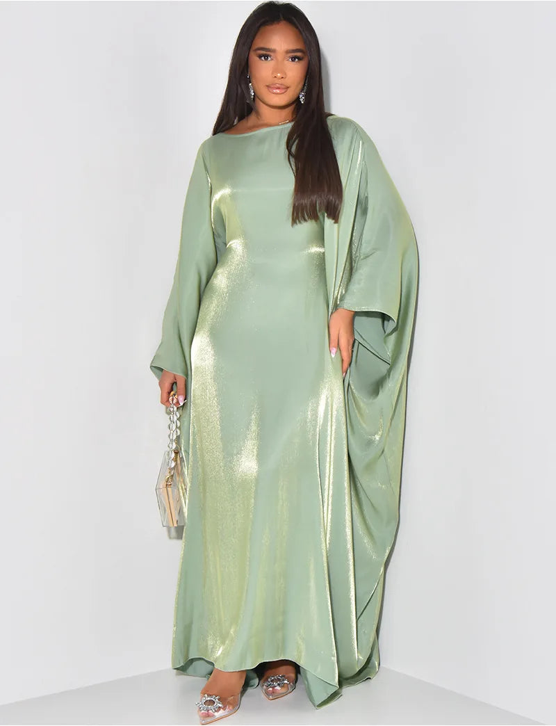CM.YAYA Women Loose O-neck Full Batwing Sleeve Long Maxi Dress Summer Satin Vintage Africa Streetwear Vestido Evening Dresses