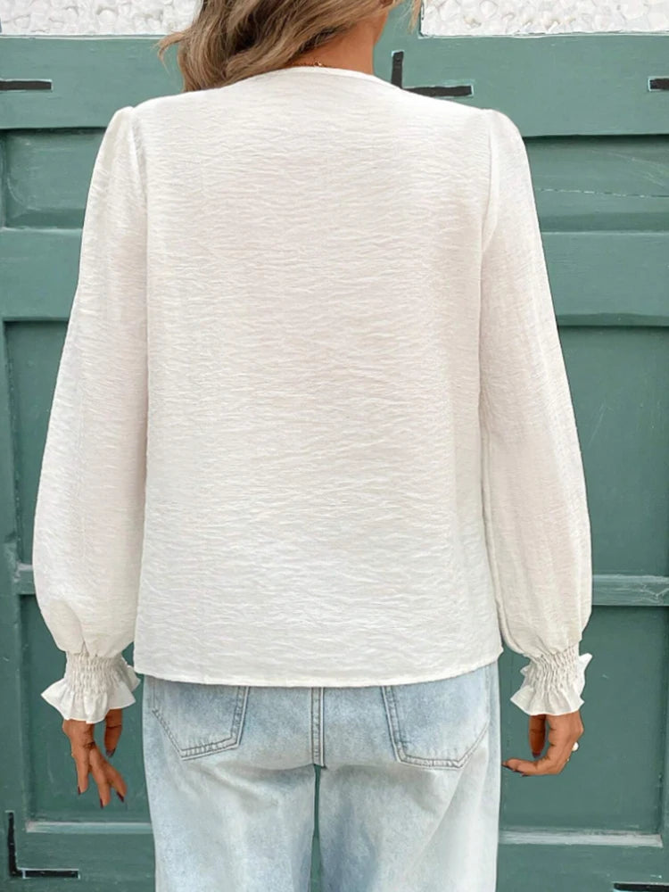Fashion commuting style women's solid color lace stitching V-neck flared sleeve long-sleeved shirt, spring and autumn season