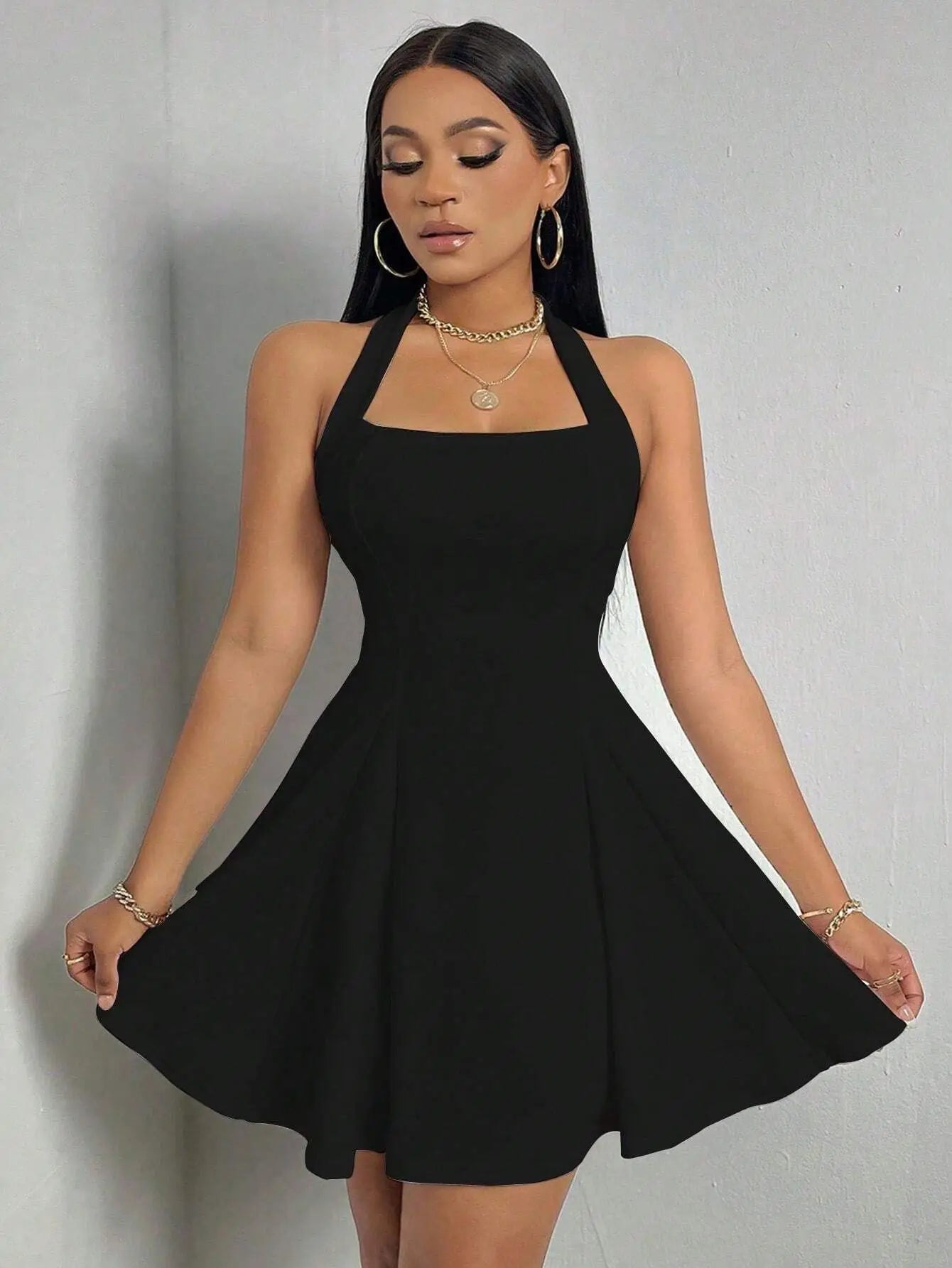 Womens Summer Sleeveless A-Line Skirt Sexy Mini Elegant Halter Neck High Waist Dress Party Club Evening Bodycon Dress 2024