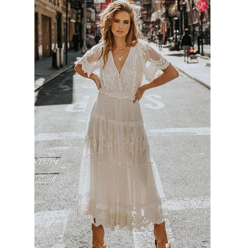 Summer Women V-Neck Embroidery Slim-Fit Short Sleeve Long Dress Beach Bohemian Wedding White Lace Dress