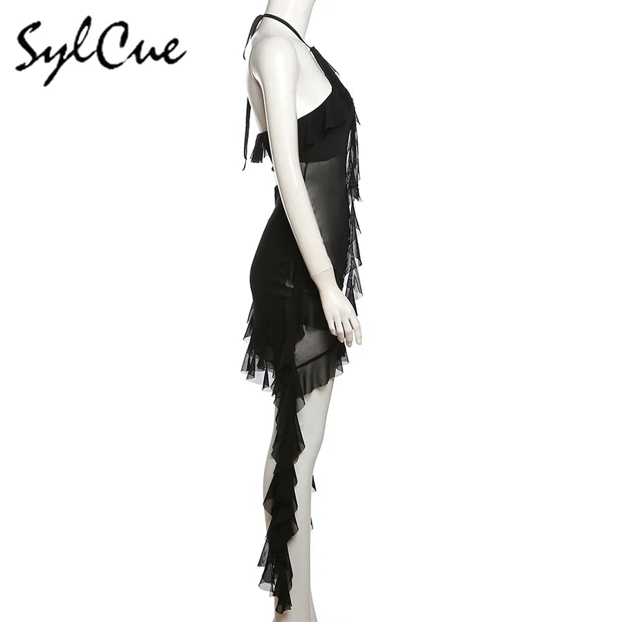 Sylcue 2024 Spring New Sweet Gentle Sexy Mature Beautiful Elegant Party Queen Women'S Short Neck Ruffled Tassel Dress