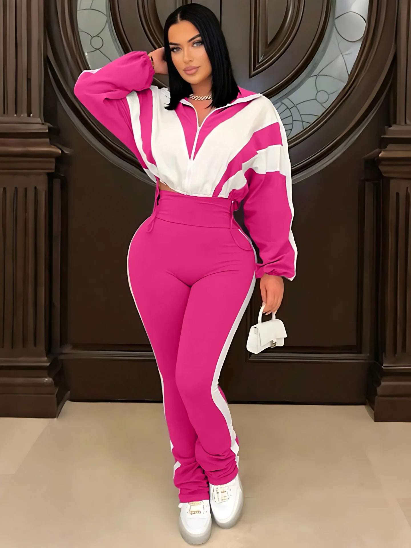 CM.YAYA Active Patchwork Women's Set Zipper Sweatshirt Jacket and Long Pants Suit 2025 Fall Two 2 Piece Sets Outfit Tracksuit