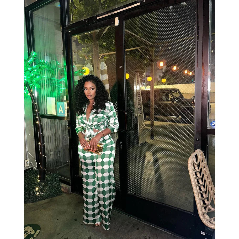 Two Pieces Shirt Sets Women Casual Matching Suits Geometric Print Loose Long Sleeves Wide Leg Pants Elegant Office Lady Autumn