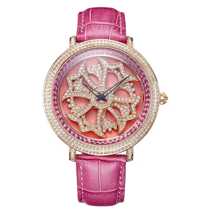 Luxury Davena Spin Snow Flower Women's Watch Japan Mov't Crystal Lady Hours Fine Fashion Real Leather Bracelet Girl's Gift Box