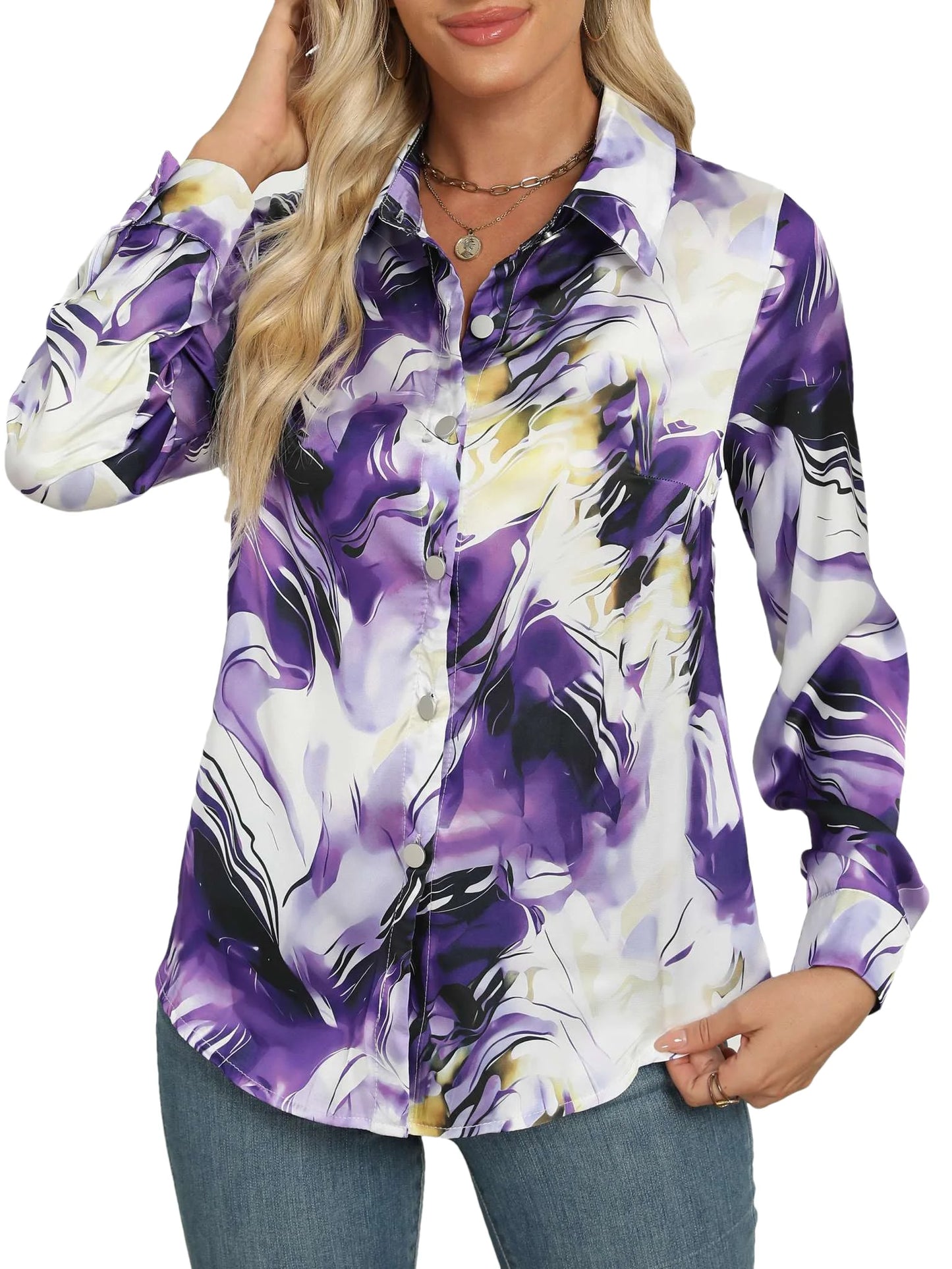 Marble Print Button Front Long Sleeve Shirt,Long Sleeve Tops