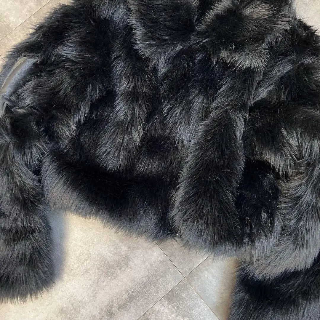 2025 Winter Women Cotton Jacket Lapel Long Sleeve Patch Cross Short Fur Coat Black