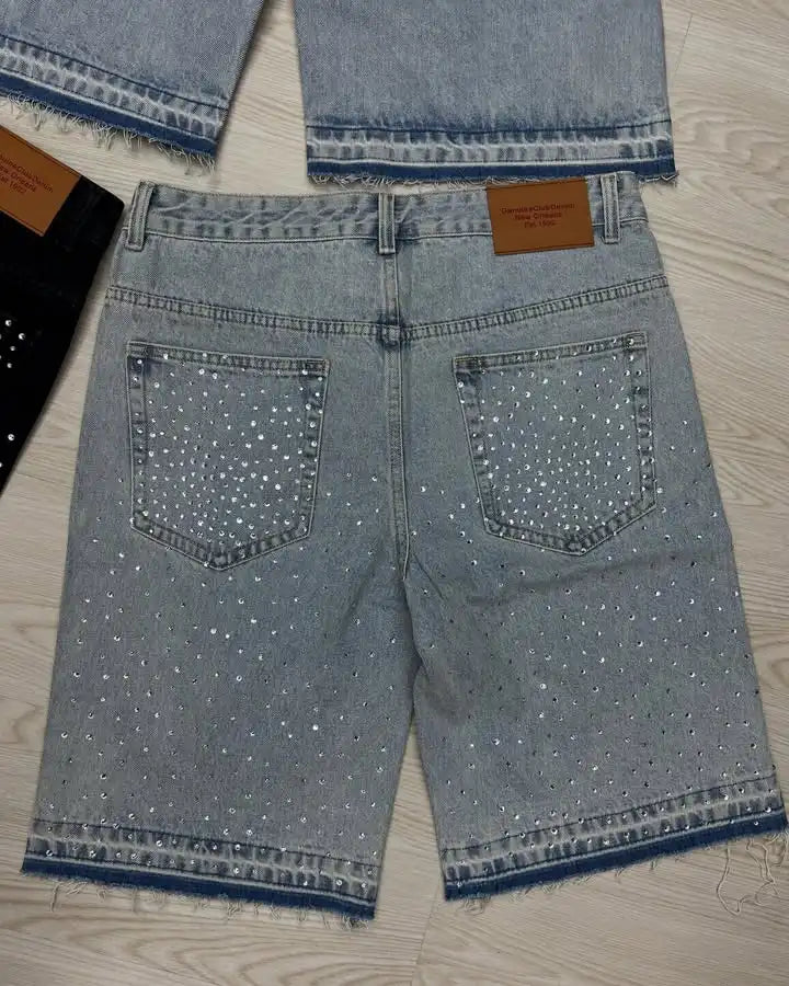 Streetwear Vintage Cross Rhinestone Sequin Denim Shorts Y2K Mens Womens Vintage Washed Baggy Casual Shorts Over The Knee Pants
