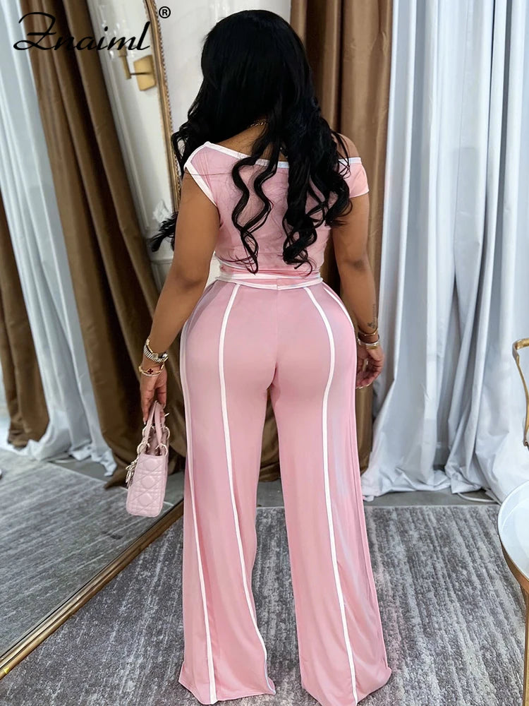 Znaiml Casual Solid Color Wide Legs Pnats Set for Women Diagonal Shoulders T-Shirt Crop Tops and Trousers Two Pieces Suit Outfit