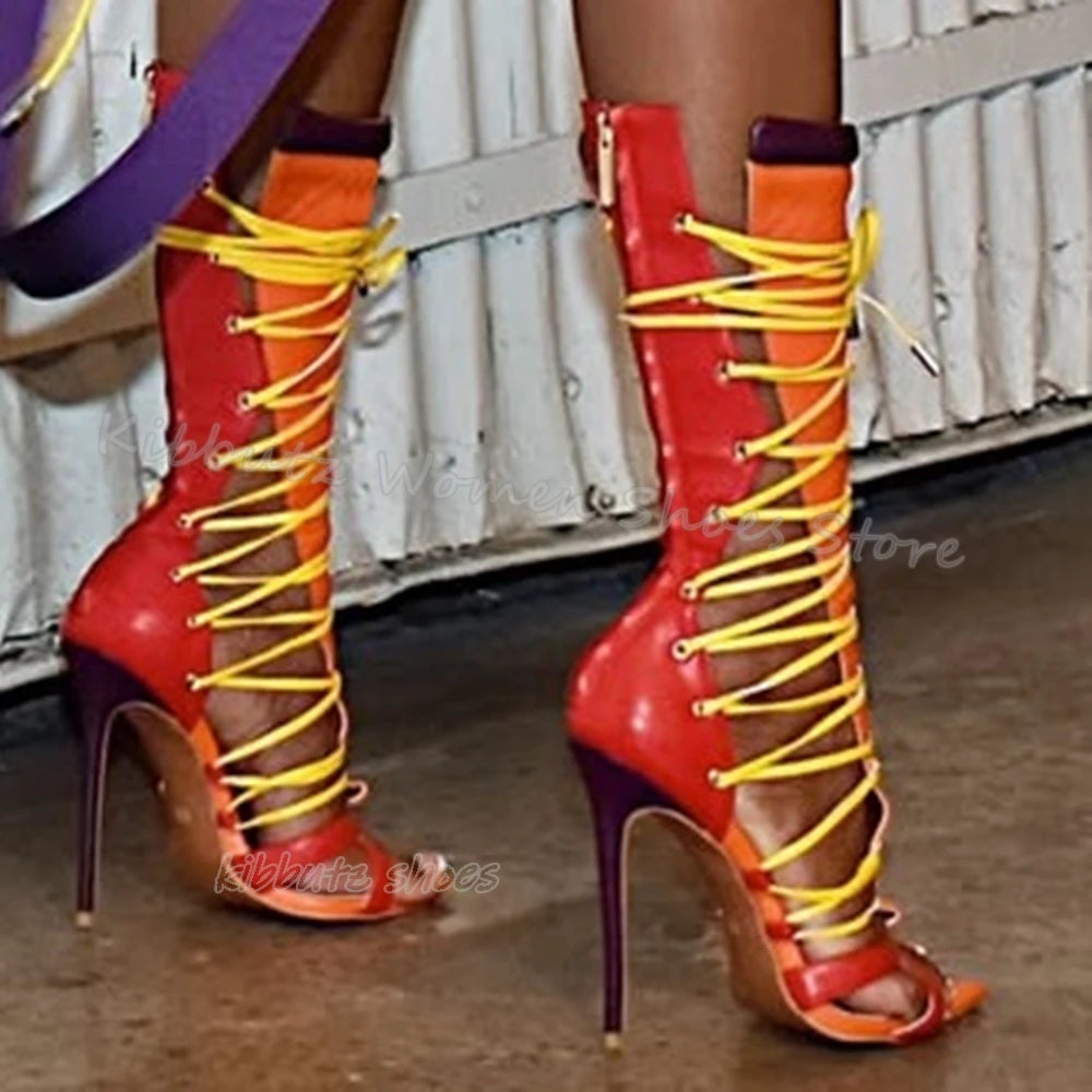 Genuine Leather Sandals Cross Strap Mixed Color Novelty Sexy Fashion Concise Luxury Women Shoes Newest Pointy Thin Heels Zippers