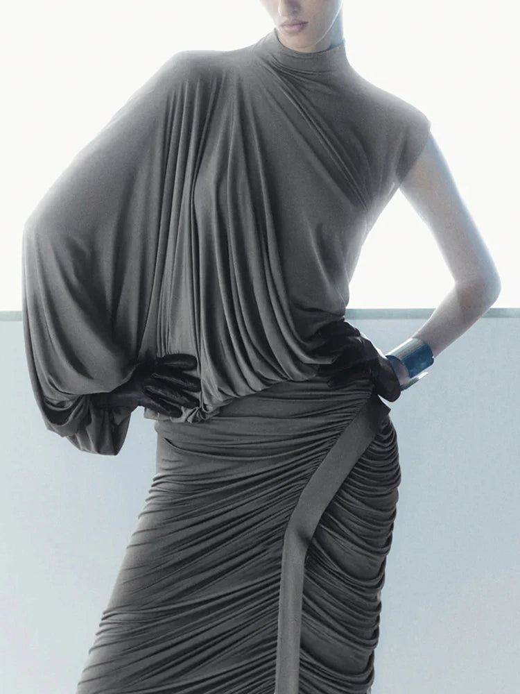 kliou Unique Irregular Women 2 Piece Set Solid Swinging Pleated Single Full Sleeve Turtleneck Tops+Matching Split Maxi Skirts