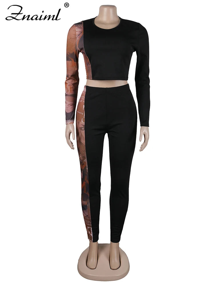 Znaiml Sexy Print Splicing Two Piece Sets Women O Neck Long Sleeve Crop Top and Pants Bodycon Matching Outfits Street Tracksuits