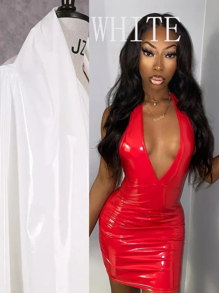 Sexy V Neck Patent Leather Dress Women Sleeveless Faux Latex Tank Dress Party Ladies Backless PVC Bodycon Dress Custom Clubwewar