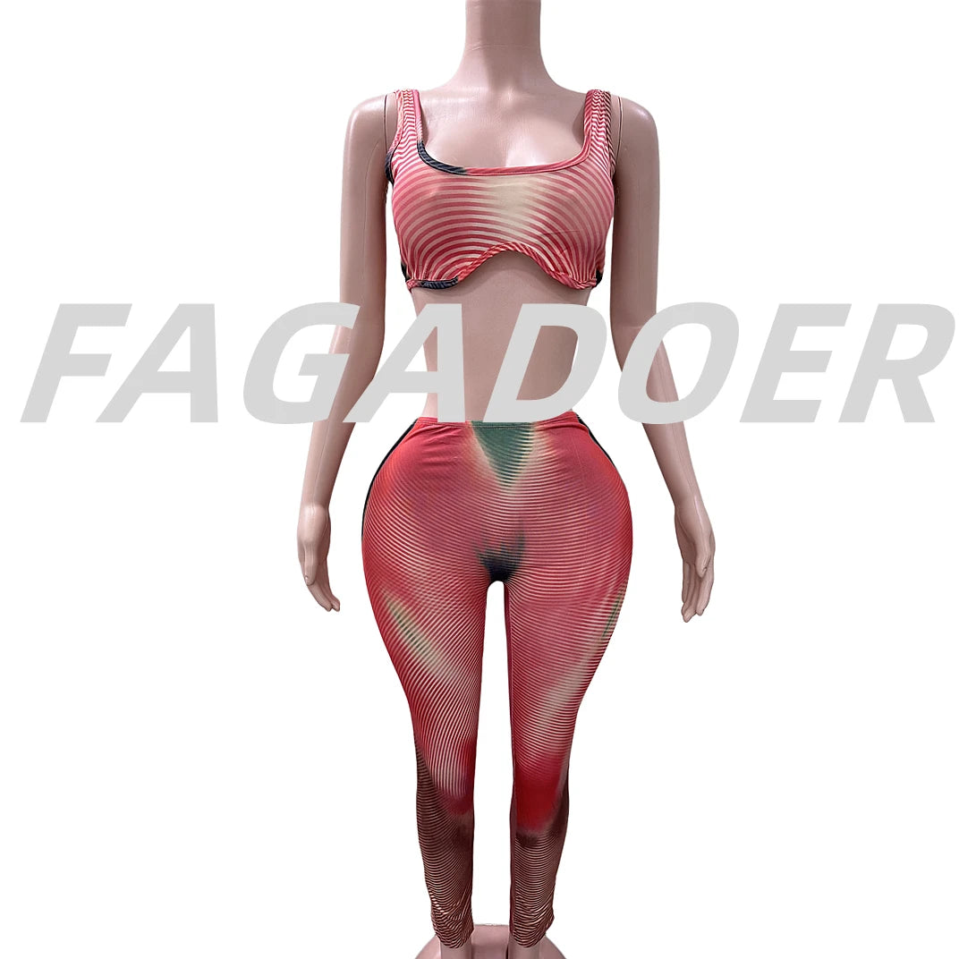 FAGADOER Fashion Stripe Patchwork 2 Piece Sets Woman Outfit Gradient Backless Vest Top + Skiny Pants Suit Female Jogger Clothing