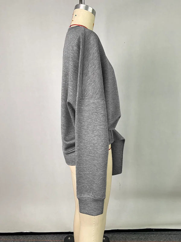 Beautyblue Fall Women's Sweatshirts Tops Female Hoodies 2025 Casual Belt Buckle Solid Color O-Neck Ladies Pullovers Clothing