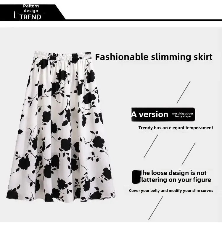 Plus Size High-Waisted Slimming Plus Size Women's Rose Skirt 2024 Summer Medium-Length Stylish BBQ Hip Covering Casual Dress
