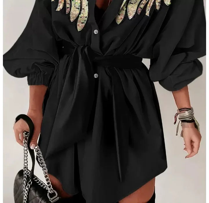 FashionDress Women Sexy New 2024 Autumn Winter Casual Sequin Wings Pattern Turn-Down Collar Tied Detail Elegant Shirt Dresses